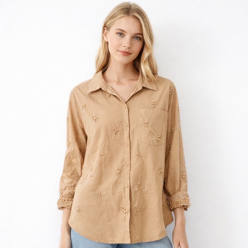 Anthropologie Maeve Bennet Button Shirt Pearl Embellished Art Deco Tan Medium